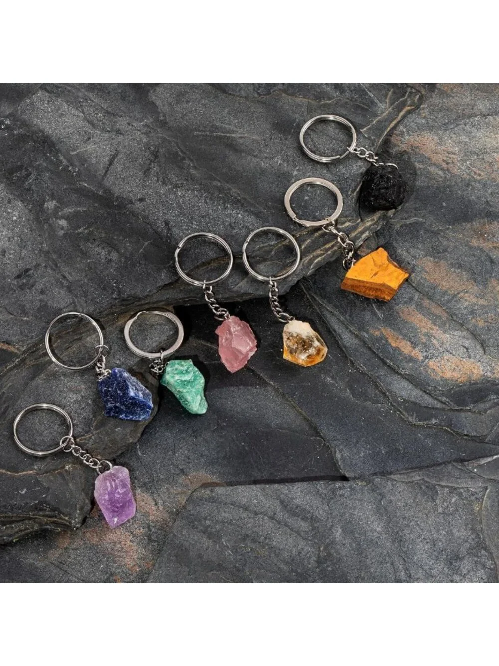 Natural Crystal Keychain Set - 7 Gemstone Key Rings for Keys, Bags & Gifts